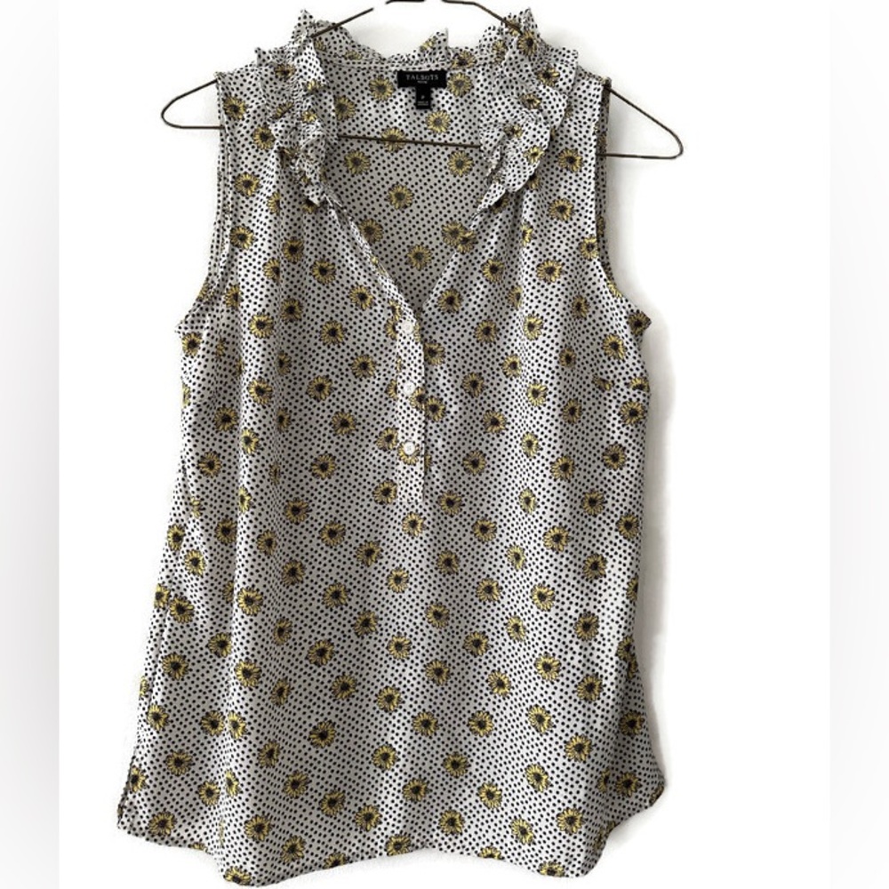 Talbots Sleeveless Ruffle Neck Henley Popover Daisy Dot Print Small Flower